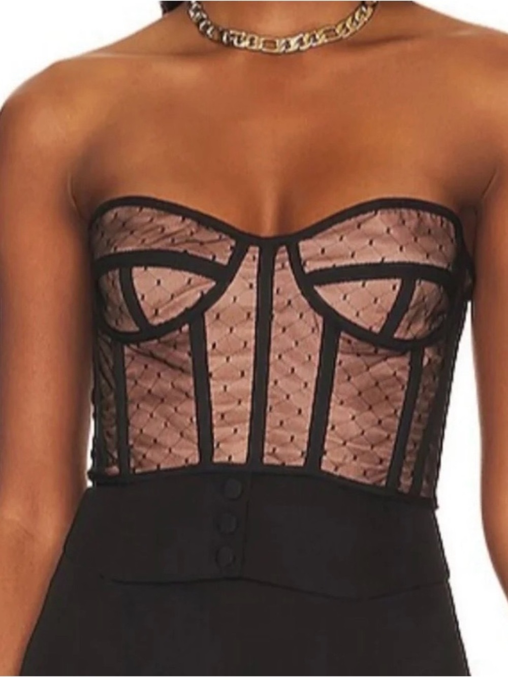 Bardot Mesh Bustier Top in Spot / Black Polka Dot - Size Medium